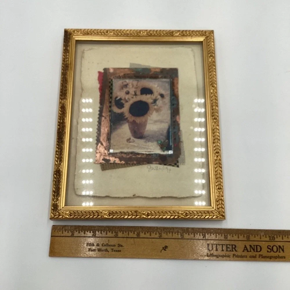 Framed Sunflower Art Mixed Media Wall‎ Decor Golden Floral Vase Quote